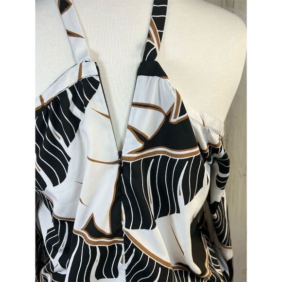 Chico’s Size 1 (US M) Off-Shoulder Long-Sleeve Top Black White Leaf - Picture 5 of 9